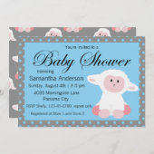 かわいいベビー子羊と水玉模様ベビーシャワー 招待状 (正面/裏面)