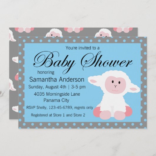 かわいいベビー子羊と水玉模様ベビーシャワー 招待状 (正面/裏面)