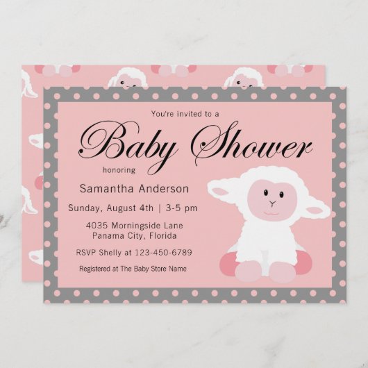 かわいいベビー子羊と水玉模様ベビーシャワー 招待状 (正面/裏面)