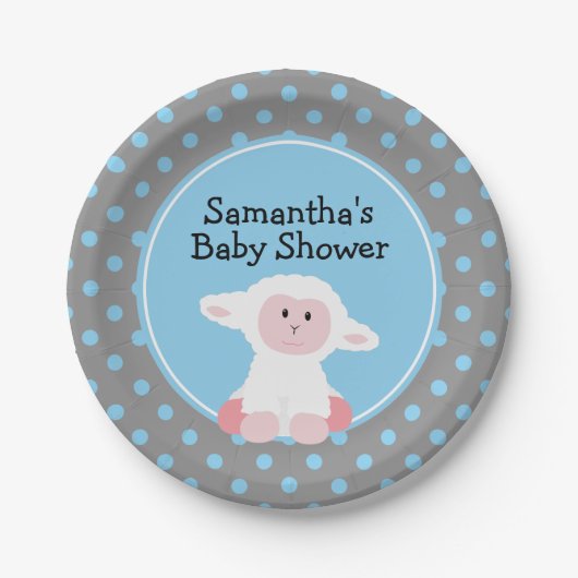 かわいいベビー子羊と水玉模様赤ちゃんシャワー ペーパープレート (正面)