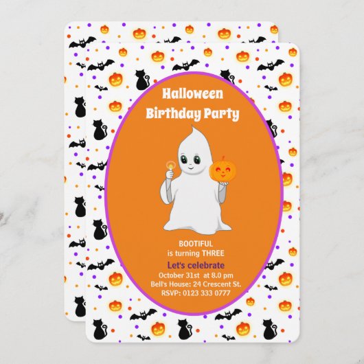 かわいいベビー幽霊ハロウィーン誕生日招待状 招待状 (正面/裏面)