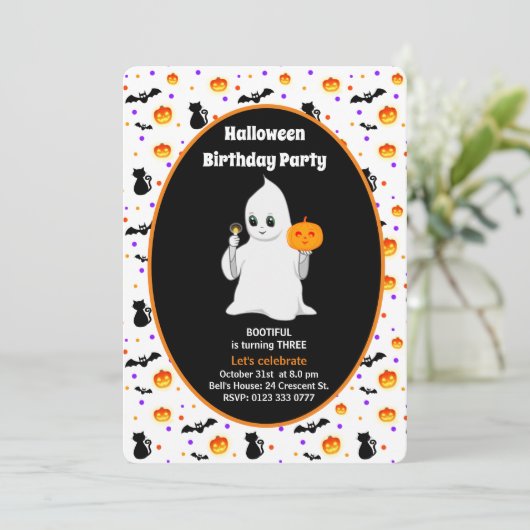 かわいいベビー幽霊ハロウィーン誕生日招待状 招待状 (スタンド正面)