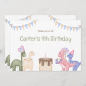 かわいいベビー恐竜とケーキチャイルド誕生日 招待状 (正面/裏面)