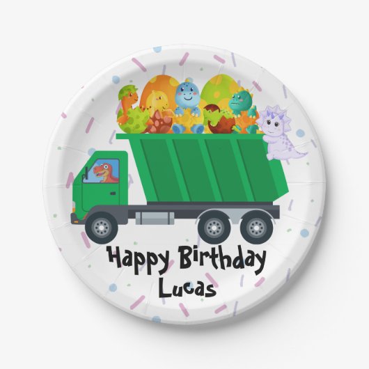 かわいいベビー恐竜の卵ごみトラック誕生日部 ペーパープレート (正面)