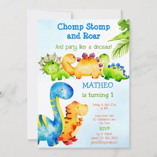 かわいいベビー恐竜の幼児の誕生日パーティー 招待状 (正面)
