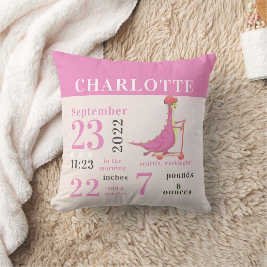 かわいいベビー恐竜ピンク誕生統計ガール子供部屋 クッション (ブランケット)
