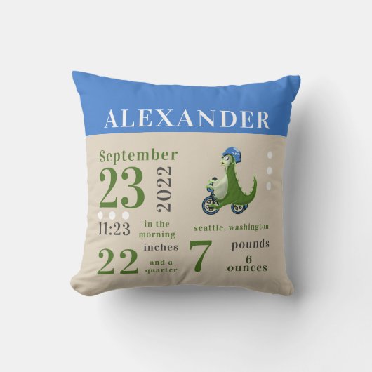かわいいベビー恐竜ブルー誕生統計ボーイ子供部屋 クッション (正面)