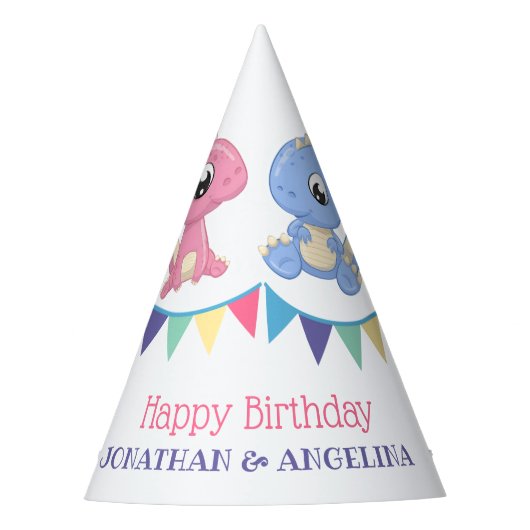 かわいいベビー恐竜ボーイアンドガールジョイント誕生日 パーティーハット (正面)