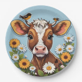 かわいいベビー牛と花鳥 ペーパープレート (正面)