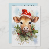 かわいいベビー牛の冬のクリスマスウォーター色 招待状 (正面/裏面)