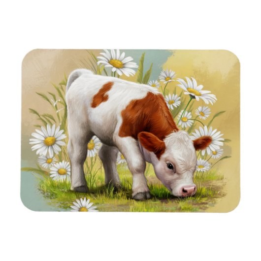 かわいいベビー牛の畑にデイジーの花 マグネット (横)