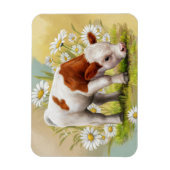 かわいいベビー牛の畑にデイジーの花 マグネット (縦)