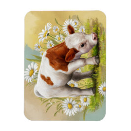 かわいいベビー牛の畑にデイジーの花 マグネット