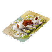 かわいいベビー牛の畑にデイジーの花 マグネット (左側)