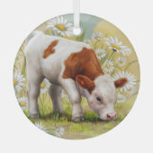 かわいいベビー牛、デイジー、国、水色 ガラスオーナメント (正面)