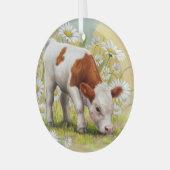 かわいいベビー牛、デイジー、国、水色 ガラスオーナメント (正面左)