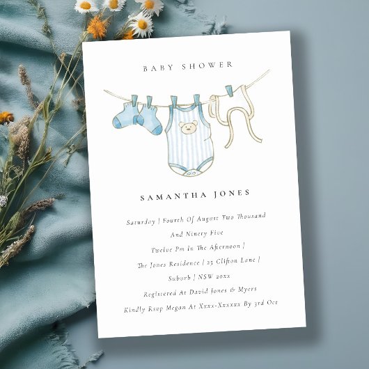 かわいいベビー物干しブルーボーイベビーシャワー招待状 サンキューカード