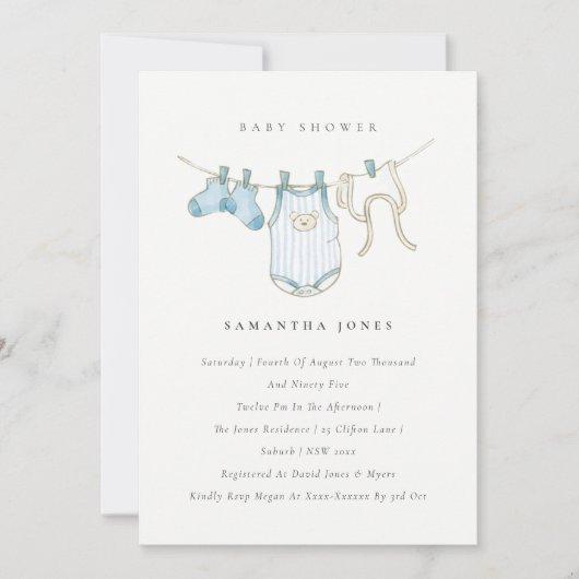 かわいいベビー物干しブルーボーイベビーシャワー招待状 サンキューカード (正面)