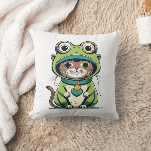 かわいいベビー猫とカエル帽子 クッション (ブランケット)