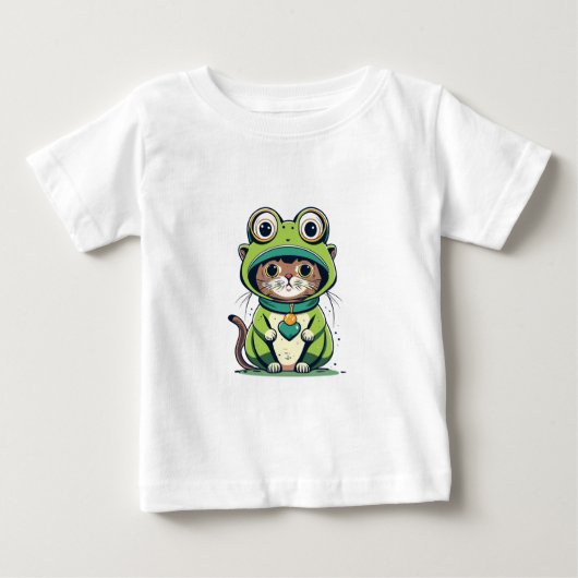 かわいいベビー猫とカエル帽子 ベビーTシャツ (正面)