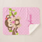 かわいいベビー猿のピンクの水玉模様 シェルパブランケット (正面(横))