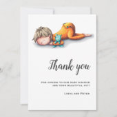 かわいいベビー眠るオレンジ色のニュートラルベビーシャワー サンキューカード (正面)