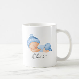 かわいいベビー眠る少年の青パーソナライズされた名 コーヒーマグカップ