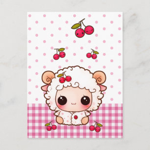 かわいいベビー羊とかわいいさくらんぼ ポストカード