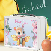 かわいいベビー蝶とピンクの花縁ど メタルランチボックス