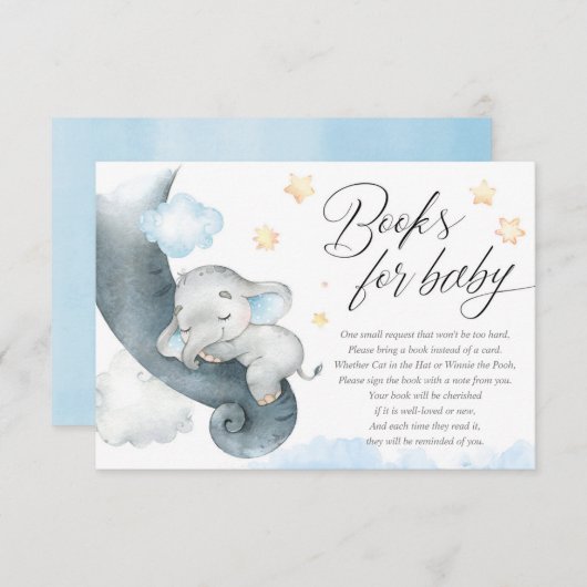 かわいいベビー象の少年の赤ちゃんシャワーベビー用の本 エンクロージャーカード (正面/裏面)