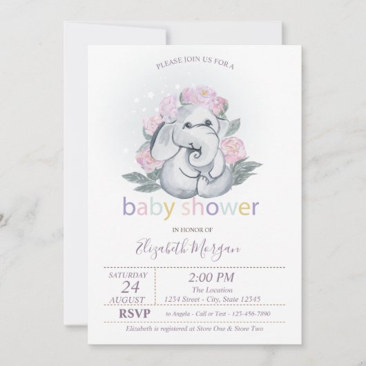 かわいいベビー象の花水玉模様赤ちゃんシャワー 招待状 (正面)