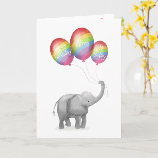 かわいいベビー象の誕生日の年齢カード(虹) カード (黄色い花)