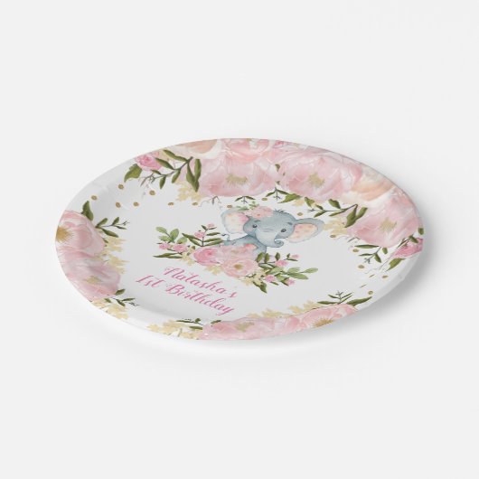 かわいいベビー象の赤面のピンクの花の女の子の誕生日 ペーパープレート (アングル)