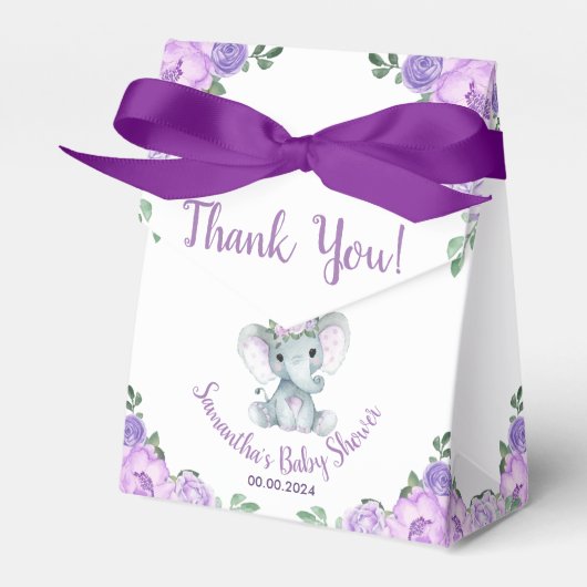 かわいいベビー象ガールパープルフローラ紙プレート フェイバーボックス (正面サイド)