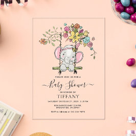 かわいいベビー象ガールフローラスイングベビーシャワー アクリル招待状