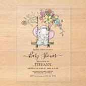 かわいいベビー象ガールフローラスイングベビーシャワー アクリル招待状 (正面)