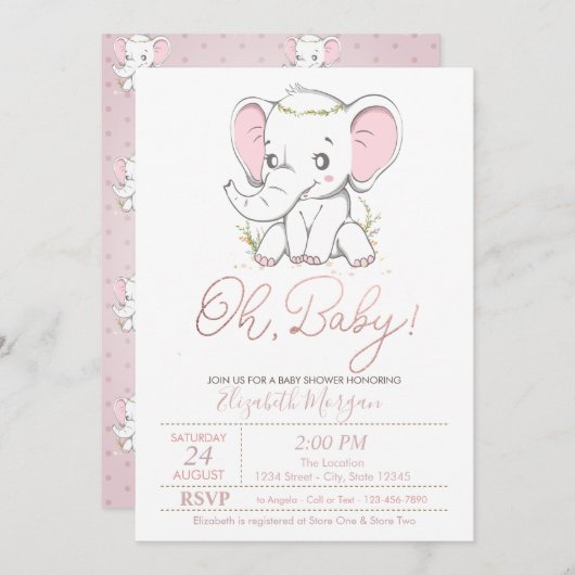 かわいいベビー象ドットベビーシャワー招待状 招待状 (正面/裏面)