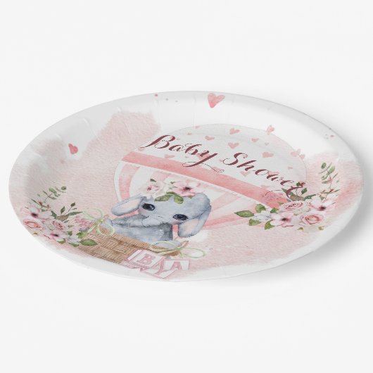 かわいいベビー象フローラピンク赤ちゃんシャワー ペーパープレート (アングル)