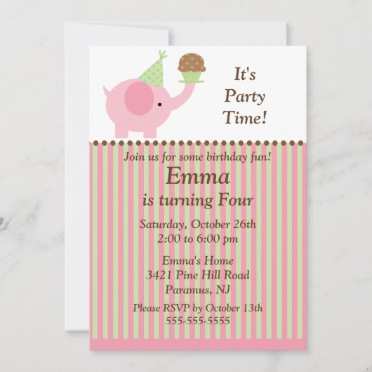 かわいいベビー象及びカップケーキの誕生日の招待状 招待状 (正面)