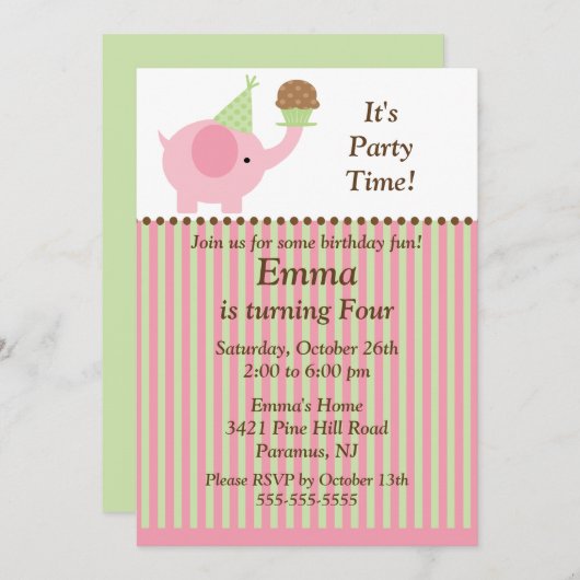 かわいいベビー象及びカップケーキの誕生日の招待状 招待状 (正面/裏面)