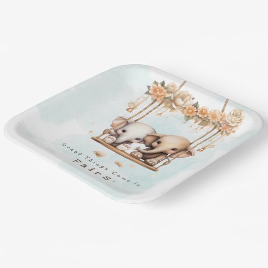 かわいいベビー象男女兼用双子ベビーシャワー ペーパープレート (傾斜あり)