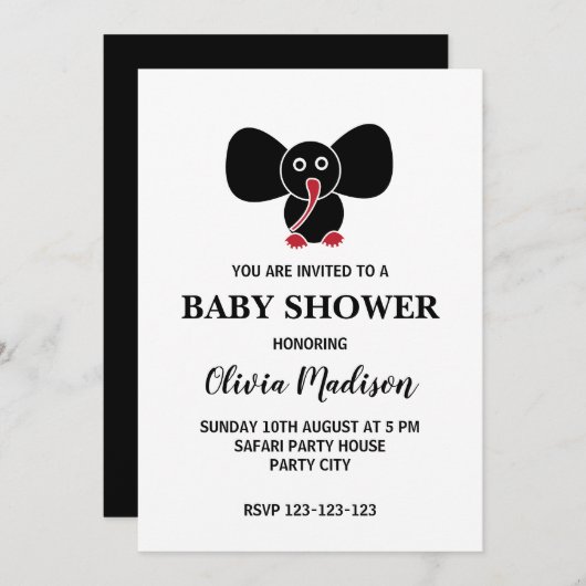かわいいベビー象男女兼用赤ちゃんシャワー 招待状 (正面/裏面)