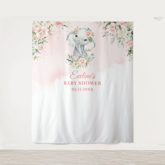 かわいいベビー象赤面フローラ金ゴールドベビーシャワー タペストリー (正面)