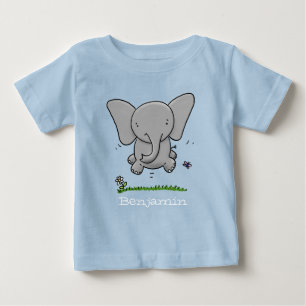 かわいいベビー象飛んでいる漫画イラストレーション ベビーTシャツ