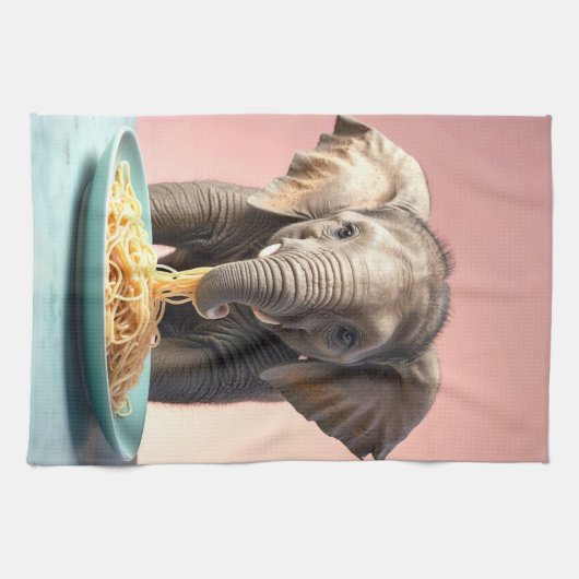 かわいいベビー象食べ象のスパゲッティ キッチンタオル (横)