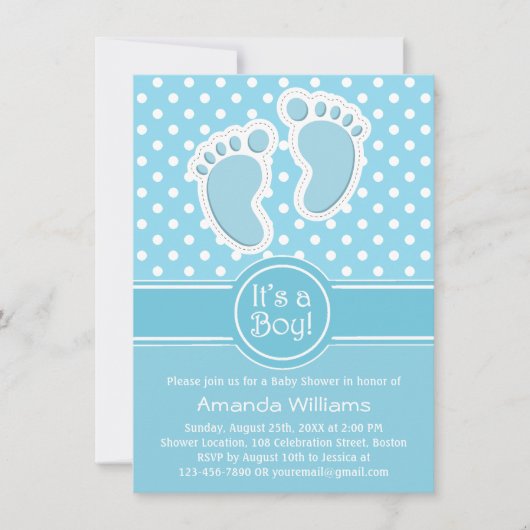かわいいベビー足ブルーホワイト – その男の子の赤ちゃんシャワー 招待状 (正面)