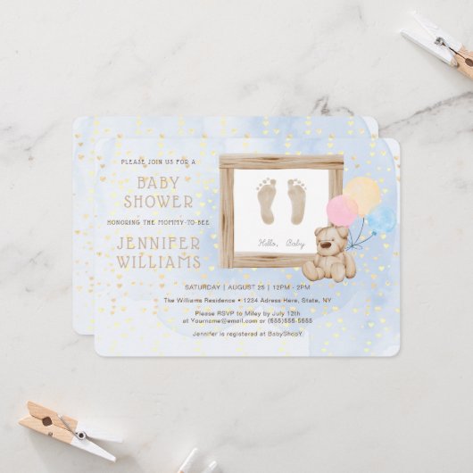 かわいいベビー足水彩青ベビーシャワーモダン 招待状 (正面/裏面インサイチュ)