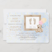 かわいいベビー足水彩青ベビーシャワーモダン 招待状 (正面)