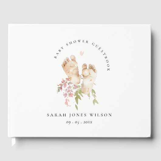 かわいいベビー足赤面ピンクフローラガールベビーシャワー ゲストブック (正面)