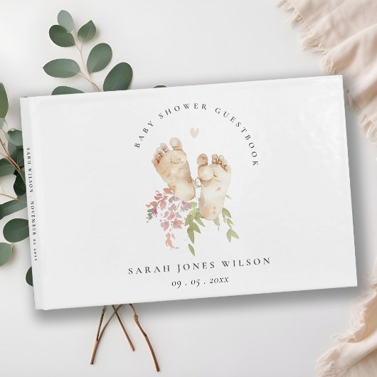 かわいいベビー足赤面ピンクフローラガールベビーシャワー ゲストブック